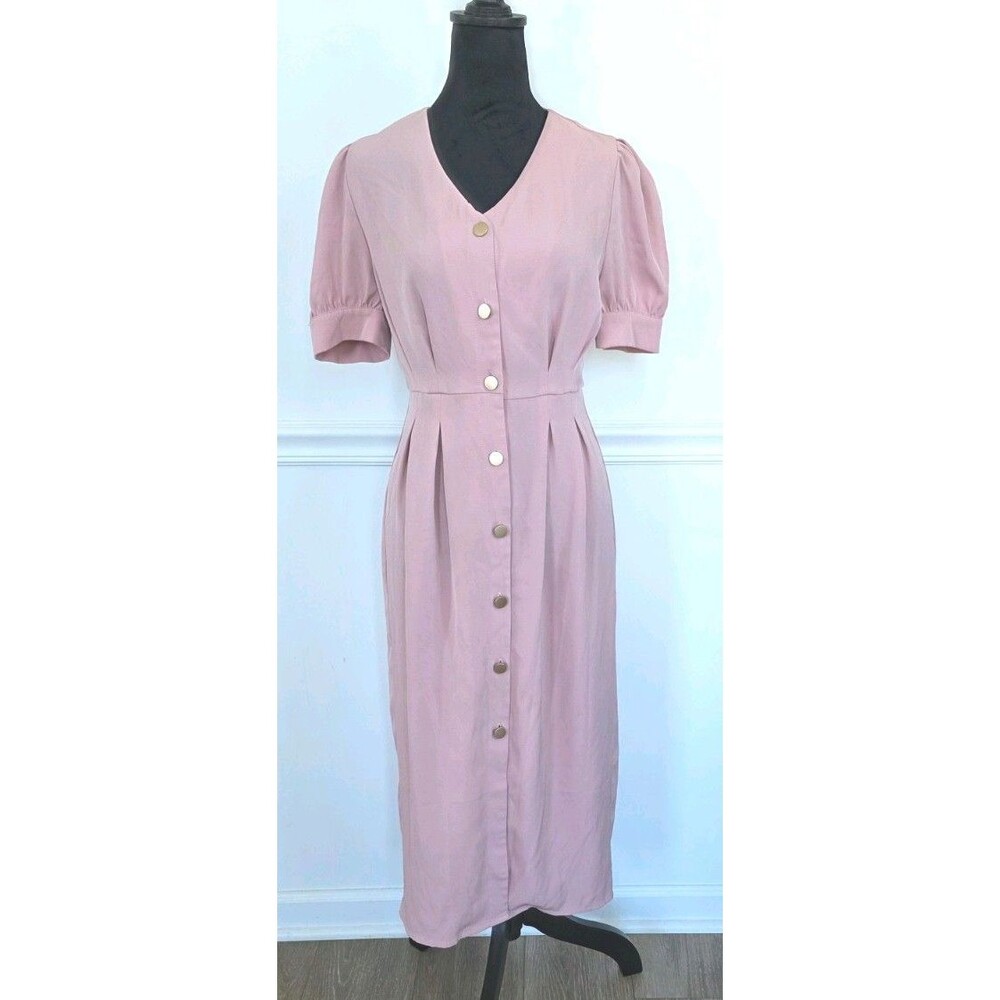 Simplee Women's Blush Pink Button Front Midi Dress Puff Sleeve V-Neck Size S